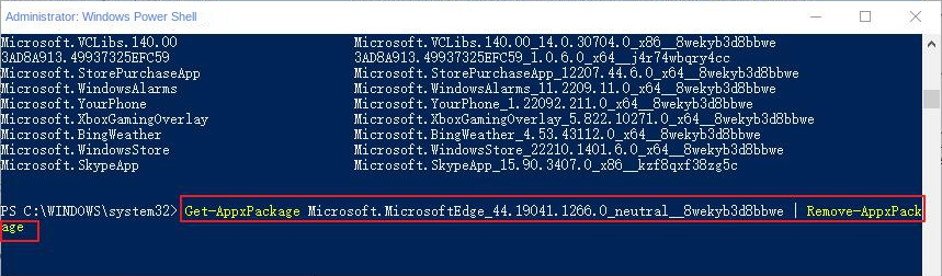 Immettere il comando completo per disinstallare Microsoft Edge