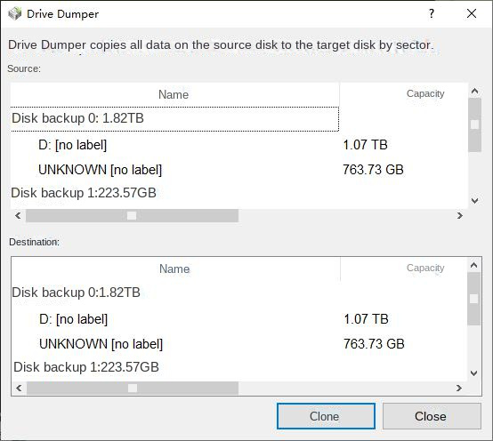 Seleziona il disco originale e la destinazione per il backup dei dati