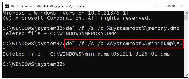 Immettere la riga di comando per eliminare il file minidump