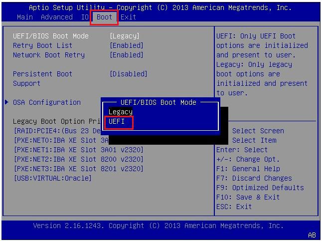 Selezionare la modalità UEFI