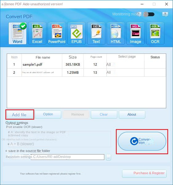 Fare clic per aggiungere file e convertire