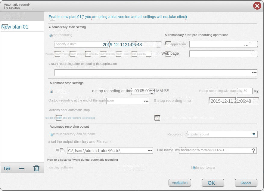 Interfaccia di impostazione della registrazione automatica