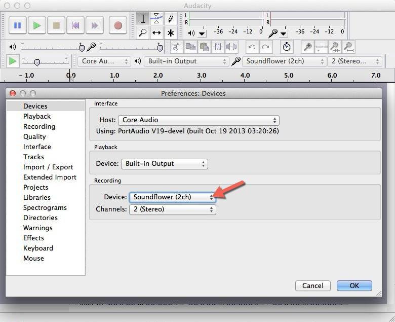 Selezionare il dispositivo di registrazione come Soundflower (2ch) in Audacity