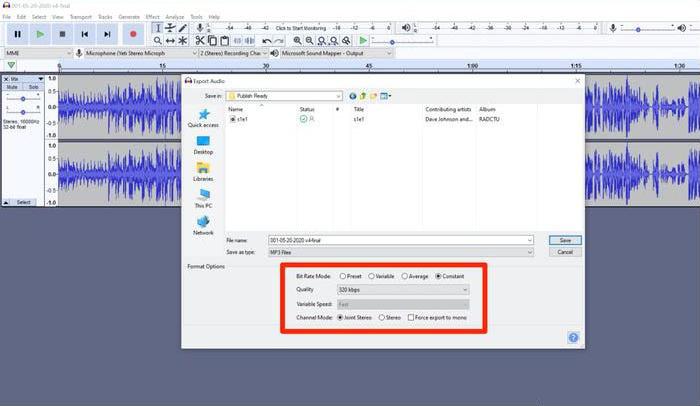 Impostazioni del file MP3, salvataggio del file