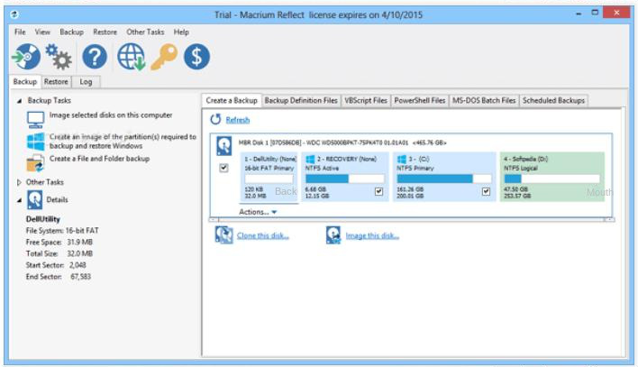 Interfaccia utente del software Macrium Reflect