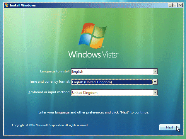 Interfaccia di installazione di Windows Vista