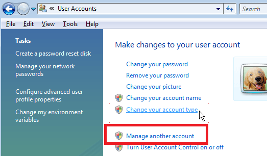 windows vista Gestisci un altro account