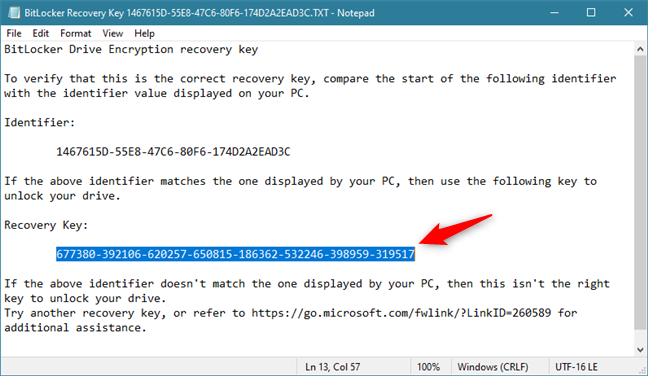 Chiave di ripristino BitLocker in un file txt nell'unità USB