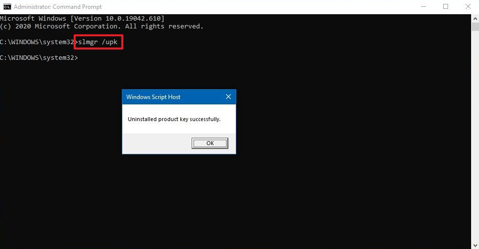 comando per disinstallare il codice prodotto di Windows