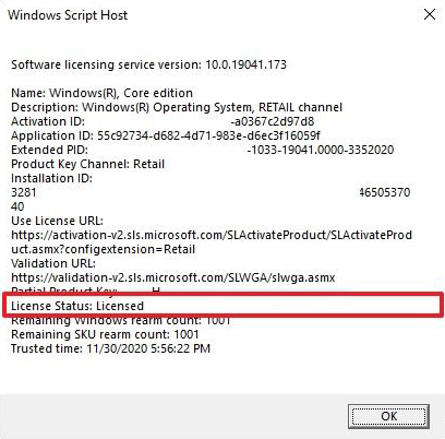 Stato del codice prodotto/licenza di Windows