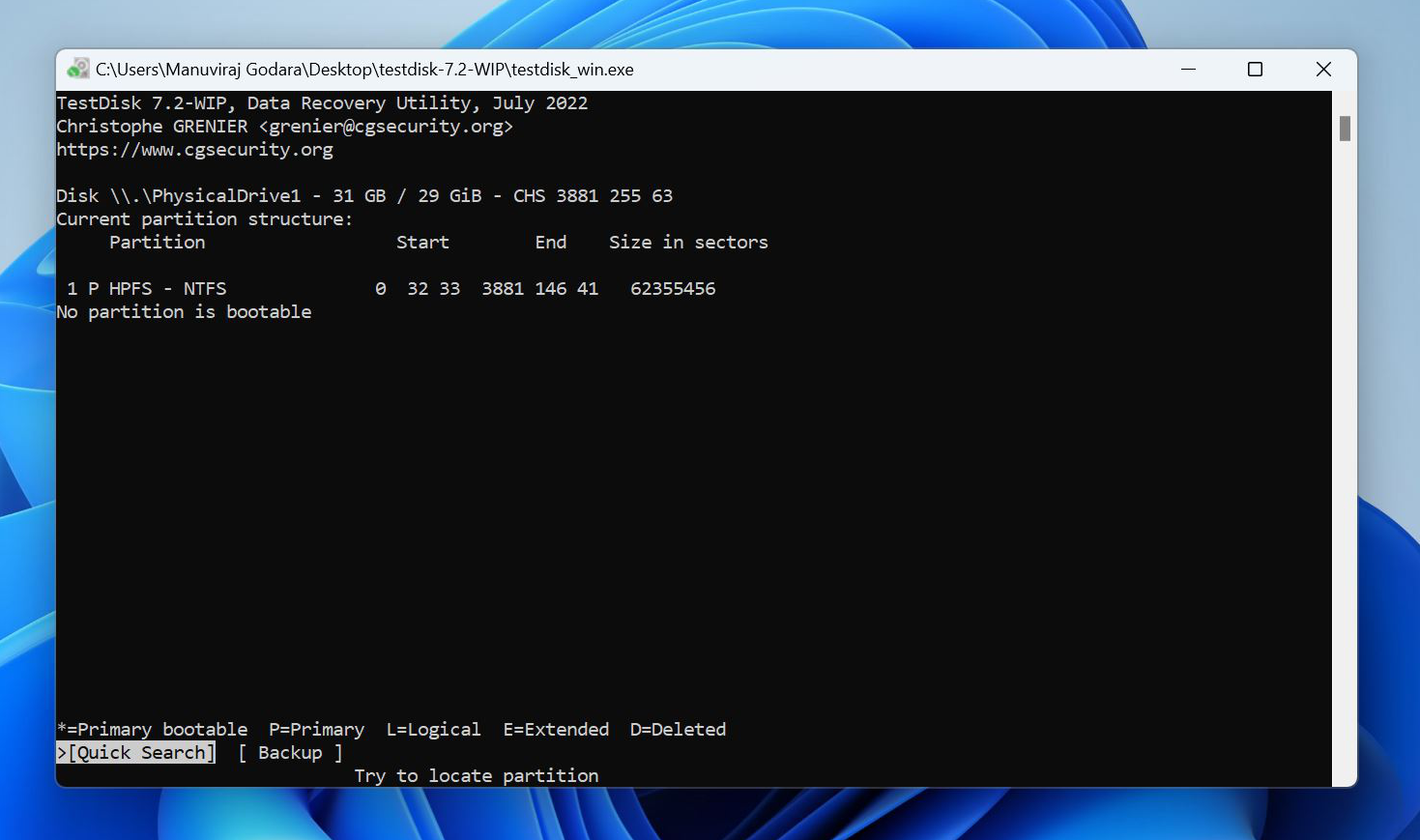 TestDisk mostra una partizione con un'opzione di ricerca rapida.