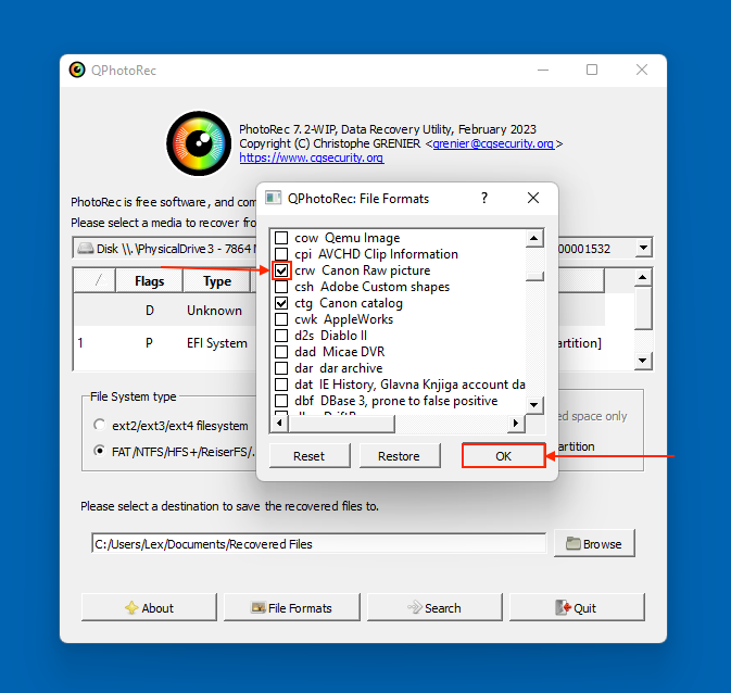 selezionare le firme dei file nella finestra di dialogo Formati file