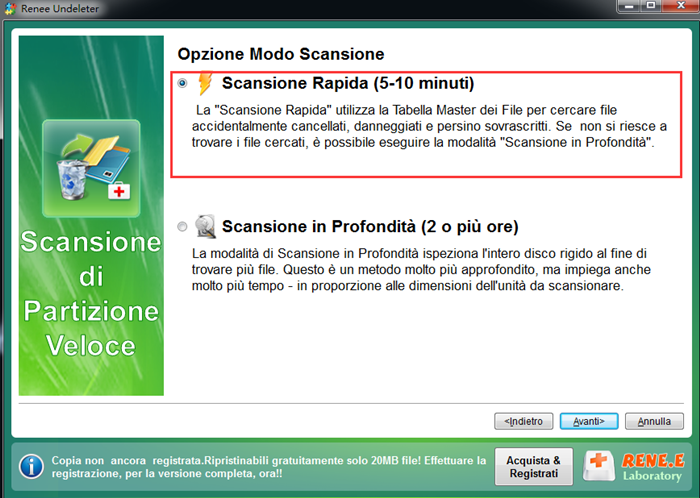 Selezionare Scansione Rapida in Scansione di Partizione Veloce