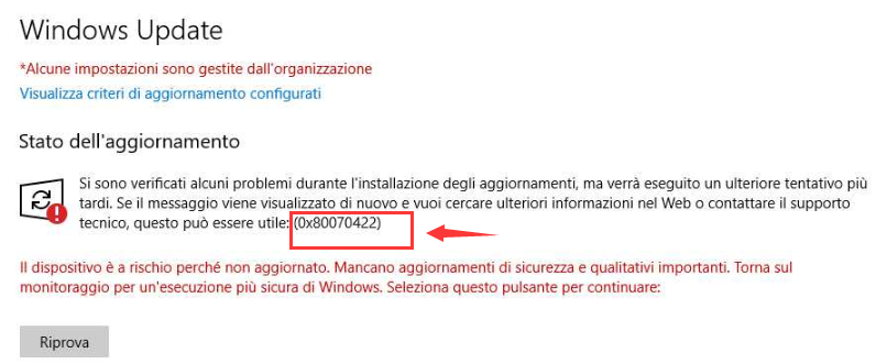 viene visualizzato il codice di errore 0x80070422,