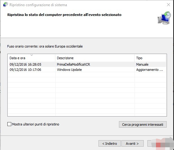 selezionare il punto di ripristino per ripristinare il sistema Windows