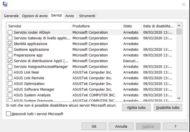 nascondere tutti i servizi microsoft e disabilitare tutti