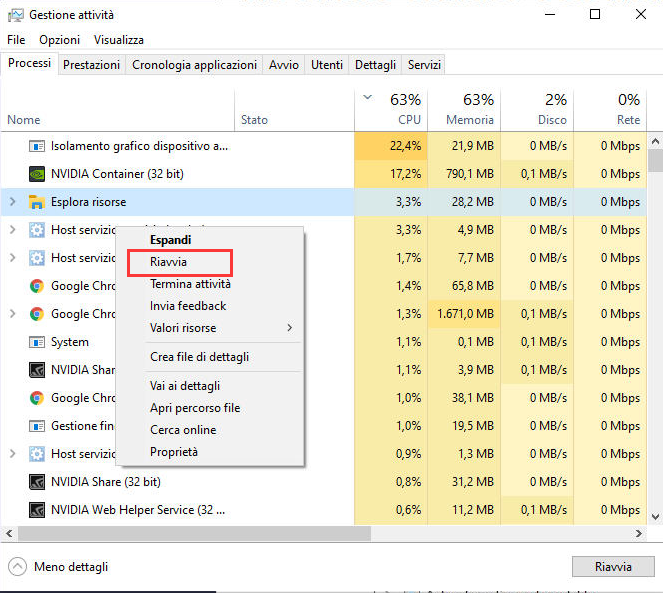 riavviare il processo in Task Manager