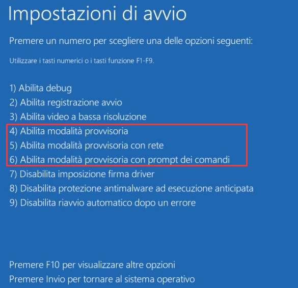 impostazioni di avvio modalità provvisoria di windows 10