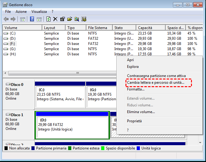 cambiare la lettera dell'unità in gestione disco