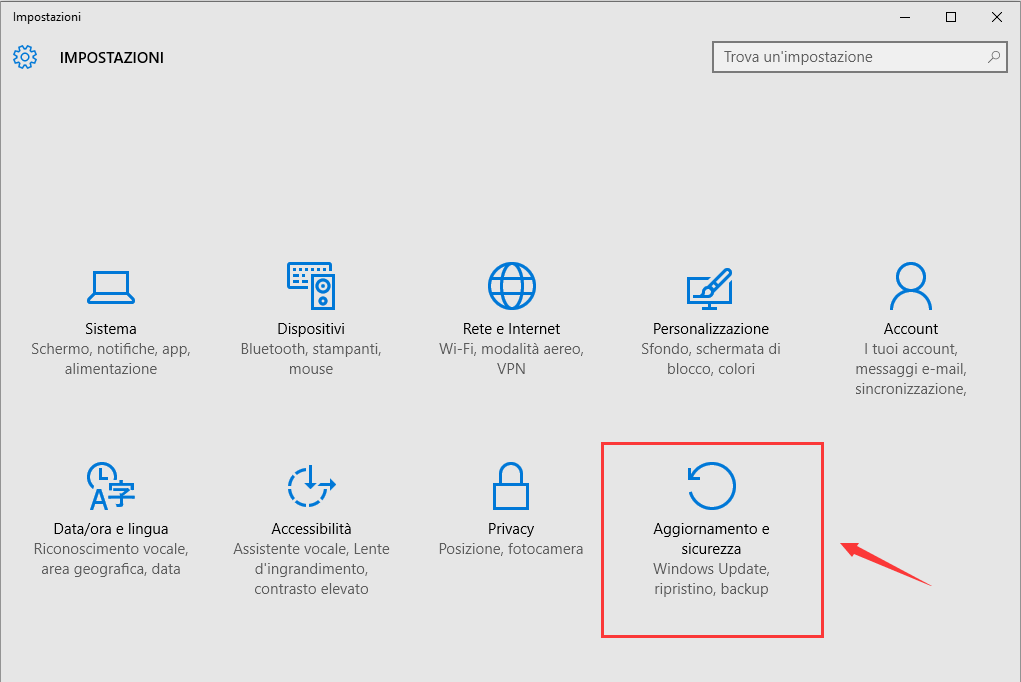 selezionare aggiornamento e sicurezza nelle impostazioni di Windows