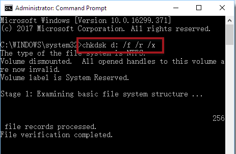 chkdsk F: /f /r /x