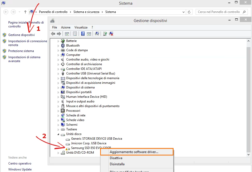 Fai clic con il <b>tasto destro</b> sul dispositivo con un driver <strong>obsoleto</strong> o <strong>difettoso</strong> (di solito un dispositivo difettoso avrà un'icona con un <strong>punto esclamativo giallo</strong>).