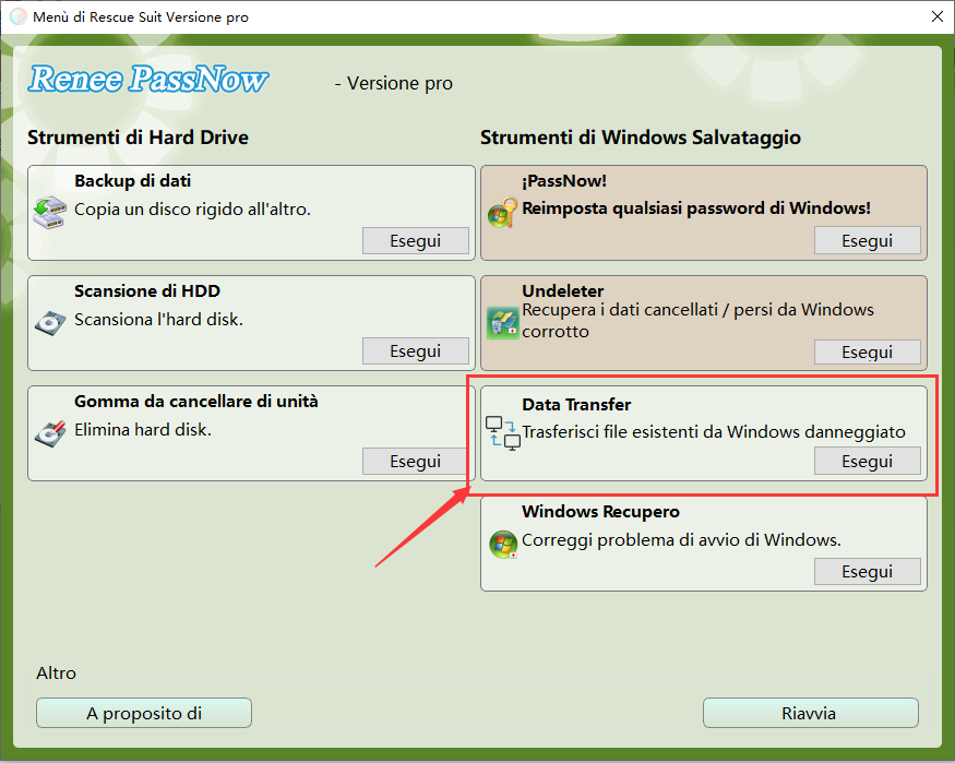 <p>Seleziona la funzione di <strong>trasferimento dati</strong> in <strong>Renee PassNow</strong> per risolvere il problema di <strong>Windows 10</strong> che non si avvia da <b>USB</b>.</p>