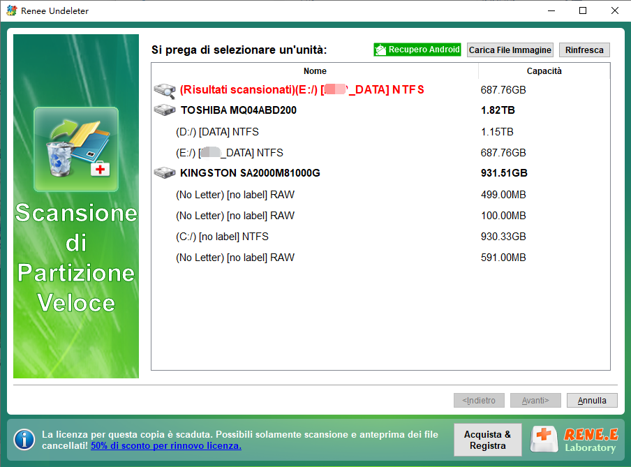 selezionare la partizione da scansionare per la scansione rapida delle partizioni