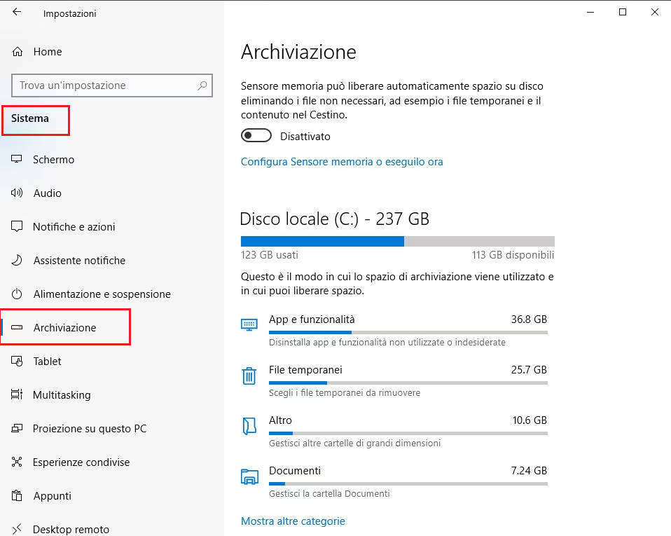 Archiviazione in Windows