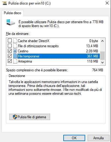 Selezionare File temporanei in Pulizia disco