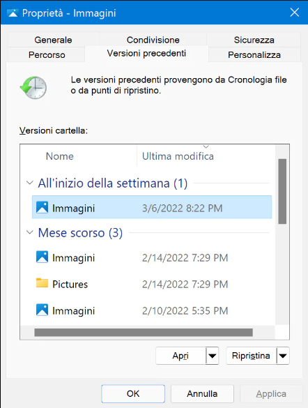 windows - Ripristino di versioni precedenti