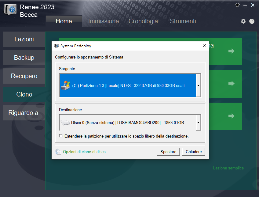 selezionare il disco di destinazione e la desinazione nella funzione di reimpiego del sistema in renee becca