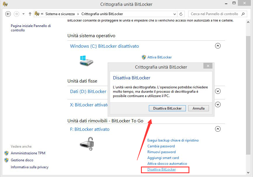 gestire bitlocker disattivare bitlocker