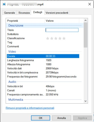 Dettagli sulle proprietà del file MP4 in Esplora risorse