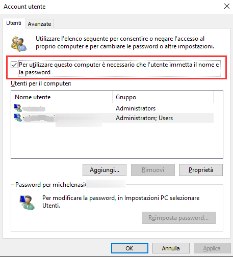 Disattivare il login automatico dell'account utente