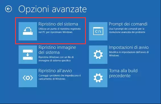 selezionare il ripristino del sistema in windows per risolvere l'errore di windows 10