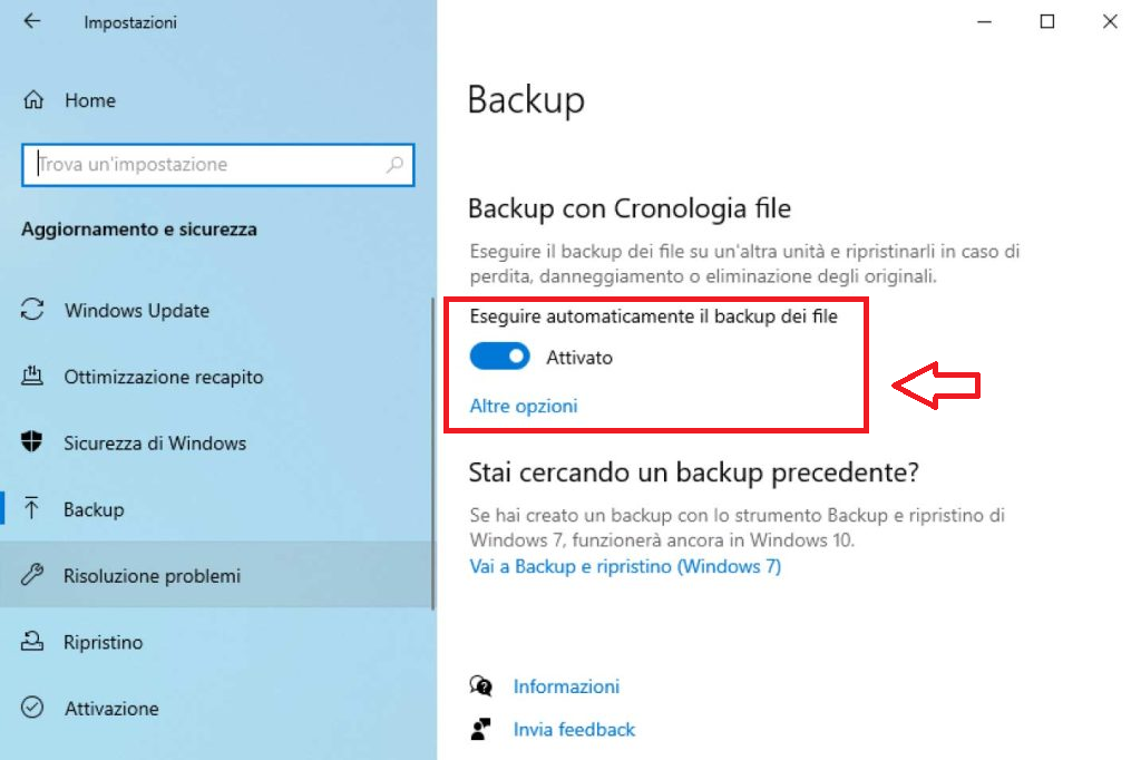 Attivare il backup tramite la cronologia dei file