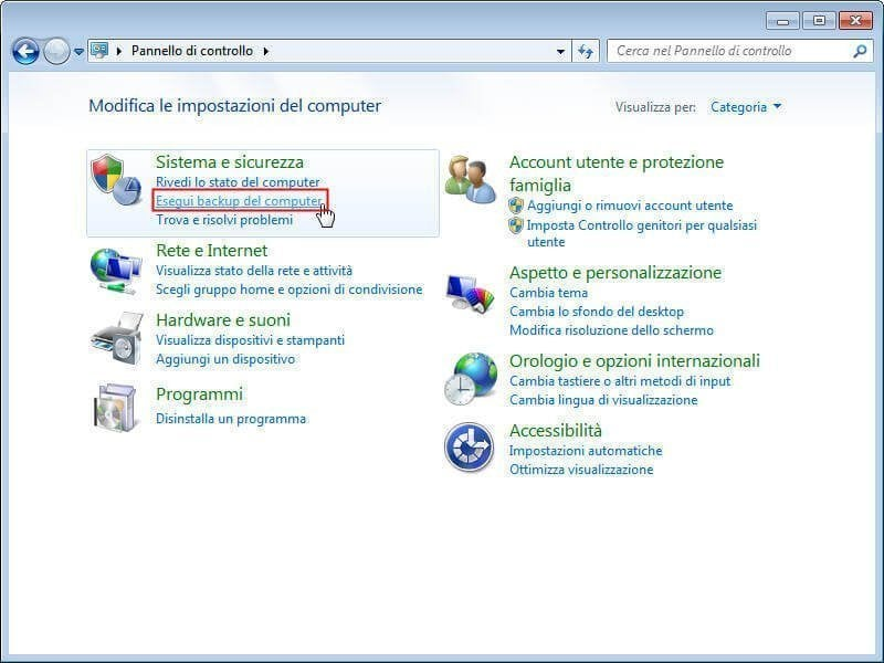 ripristino del backup di windows 7 nel pannello di controllo