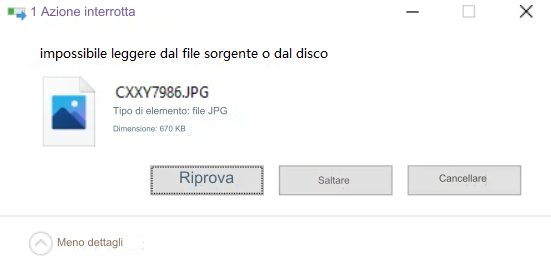 non può leggere dal file sorgente o dal disco