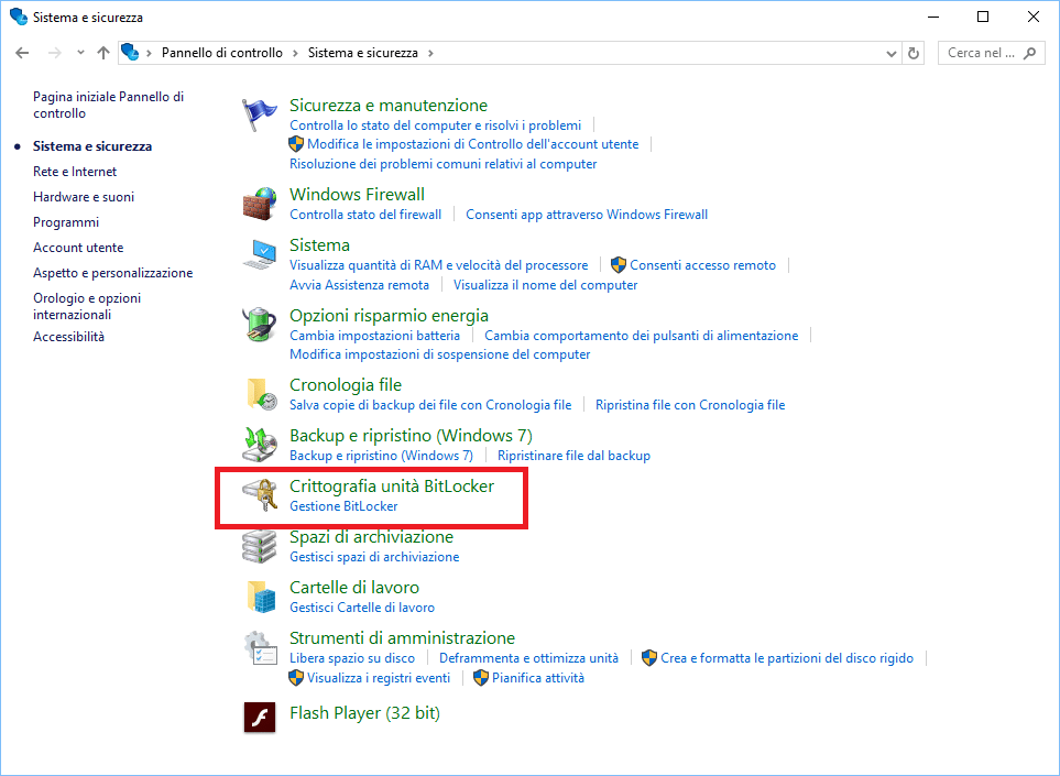 pannello di controllo gestire bitlocker