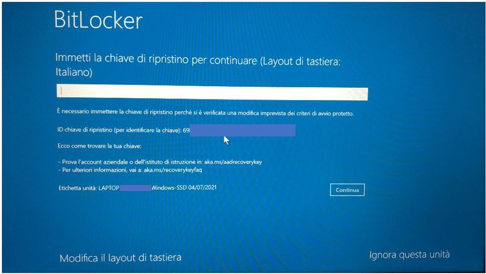 è necessario inserire la chiave di ripristino BitLocker