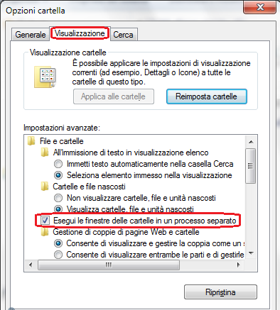 lanciare le finestre della cartella in un processo separato