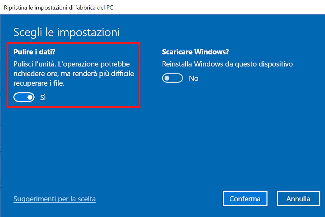 Ripristino di Windows, pulizia dei dati