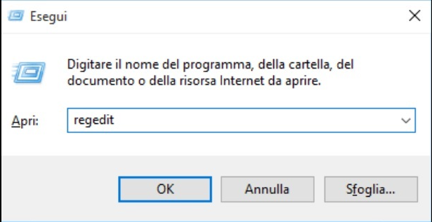 eseguire regedit exe e aprire l'editor del registro di sistema