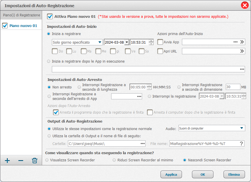 abilita il piano di registrazione automatica in renee audio recorder pro per registrare voa