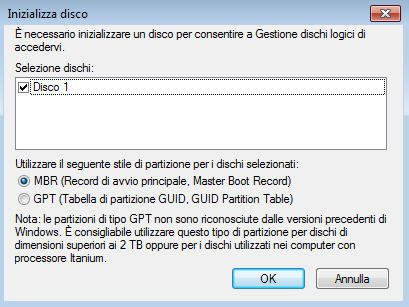 selezionare gpt o mbr come stile di partizione