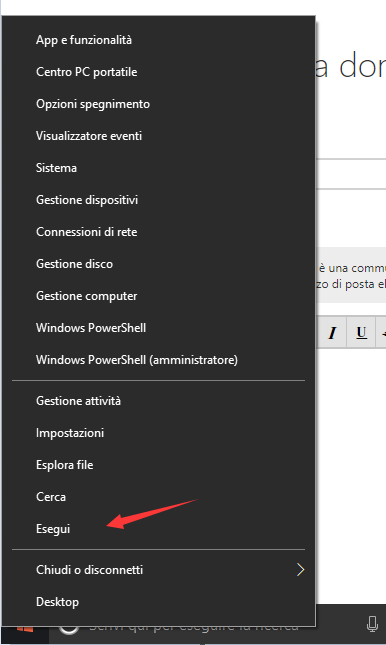 selezionare Esegui nel menu di avvio di Windows