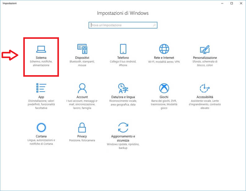 fare clic su Sistema nelle Impostazioni di Windows