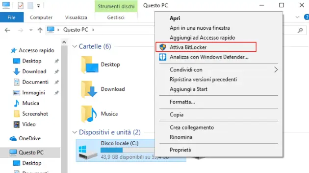 gestire bitlocker questo pc