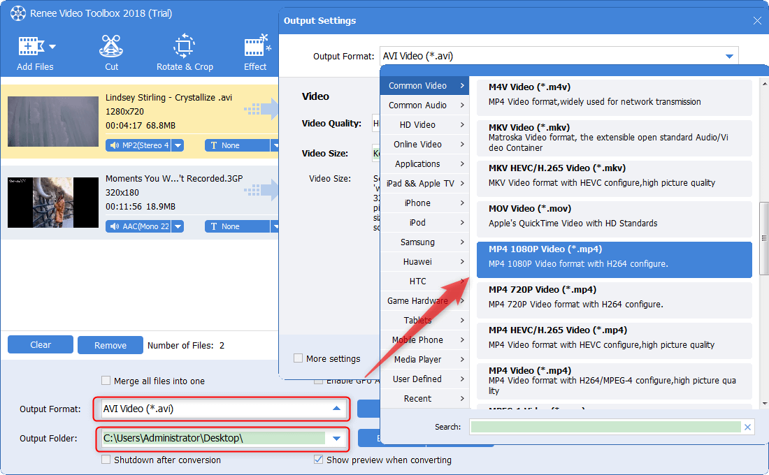 cambiare il formato di uscita in mp4